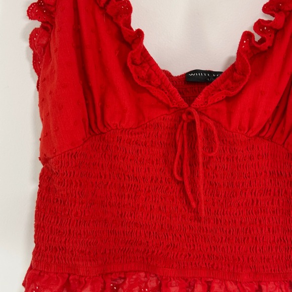 White Fox Eyelet Ruffle Smocked Crop Top Womens Large Red Cotton | Coquette Boho - Picture 3 of 6